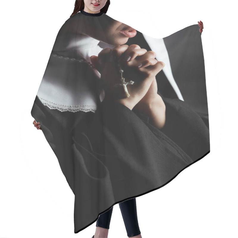 Personality  Cropped View Of Worried Young Nun Praying With Cross On Grey Hair Cutting Cape