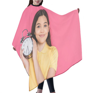 Personality  Portrait, Happy Schoolgirl Holding Alarm Clock Isolated On Pink Background, Looking At Camera Hair Cutting Cape