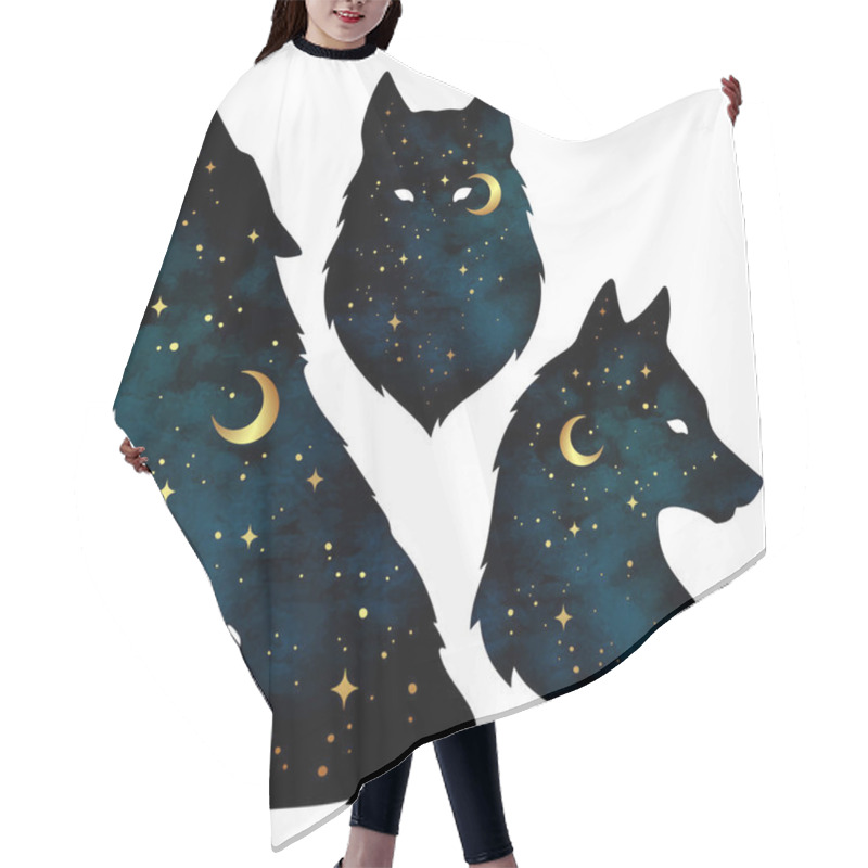 Personality  Set Of Wolf Silhouettes With Crescent Moon And Stars Isolated. Sticker, Print Or Tattoo Design Vector Illustration. Pagan Totem, Wiccan Familiar Spirit Art Hair Cutting Cape