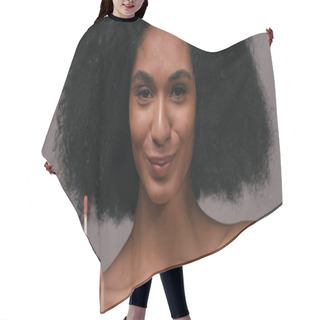 Personality  Happy African American Woman With Lip Gloss Looking At Camera Isolated On Grey Hair Cutting Cape