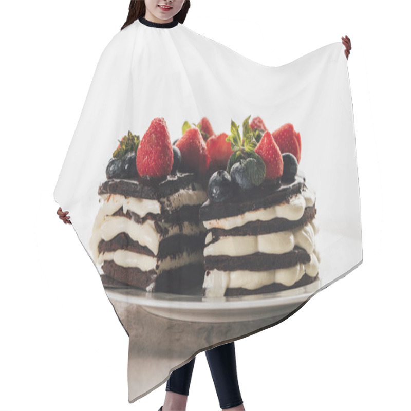 Personality  pieces of gourmet whoopie pie cake with fresh berries on white plate  hair cutting cape