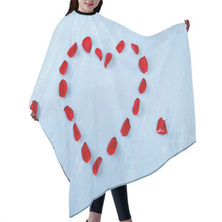 Personality  Heart Of Red Rose Petals On Blue Wooden Board. Hair Cutting Cape
