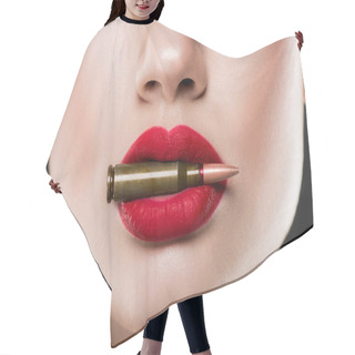 Personality  Cropped View Of Woman Holding Bullet In Red Lips, Isolated On Grey Hair Cutting Cape