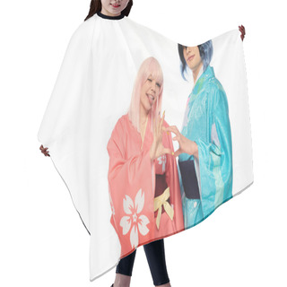 Personality  Anime Style Woman Sticking Out Tongue And Showing Heart Sigh With Extravagant Man In Kimono On White Hair Cutting Cape