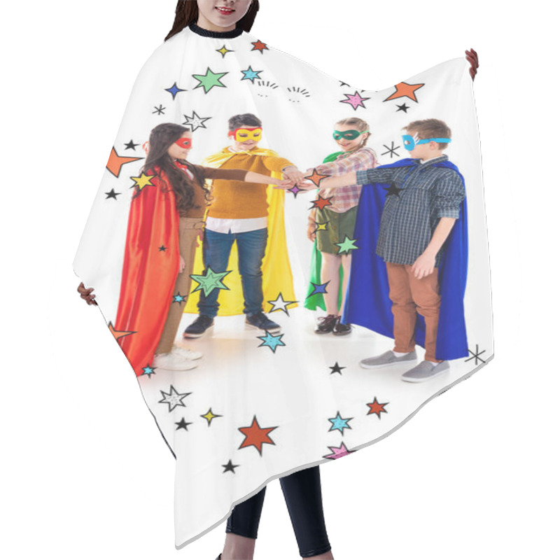 Personality  Happy Kids In Superhero Costumes And Masks Stacking Hands Near Stars On White  Hair Cutting Cape