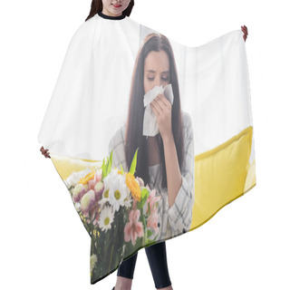 Personality  Allergic Woman Wiping Nose With Paper Napkin While Sitting Near Flowers Hair Cutting Cape