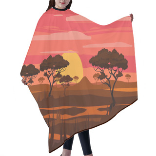 Personality  Sunset In Africa, Savanna Landscape With The Silhouettes Of Trees, Grass Bushes Horison Orange Sun. Reserves And National Parks Outdoor. Vector Illustration Isolated Cartoon Style Hair Cutting Cape