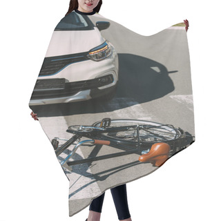 Personality  Close Up View Of Broken Bicycle And Car On Road, Car Accident Concept Hair Cutting Cape