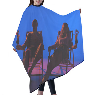 Personality  Silhouettes Of Man And Woman Holding Glasses With Cocktails Resting In Deck Chairs On Blue Background In Dark Light Hair Cutting Cape