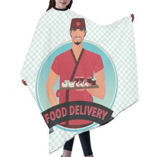 Personality  Round Icon On White Background With Food Courier Hair Cutting Cape