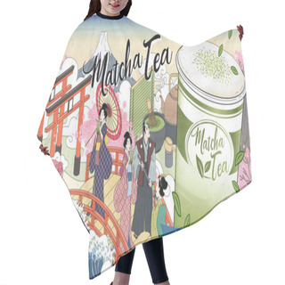 Personality  Ukiyo-e Matcha Tea Ads With Giant Takeaway Cup On Street, Japanese Retro Art Style Hair Cutting Cape