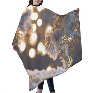 Personality  Close Up Of Spruce Branches In Snow With Christmas Lights Bokeh At Night   Hair Cutting Cape