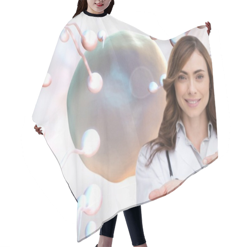 Personality  Smiling Doctor Pointing At Something In Her Hand Hair Cutting Cape