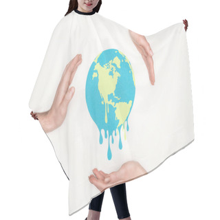 Personality  Cropped View Of Male And Female Hands Around Paper Cut Melting Globe On White Background, Global Warming Concept Hair Cutting Cape