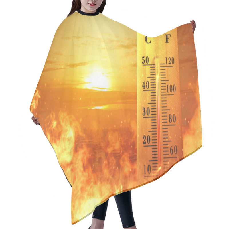 Personality  Thermometer With High Temperature On The City With Glowing Sun B Hair Cutting Cape