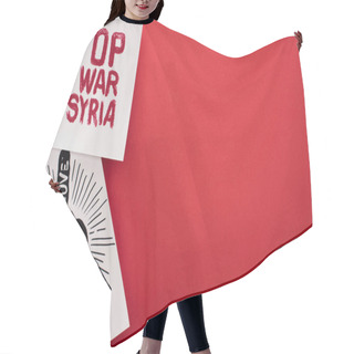 Personality  Top View Of Drawings With Make Love Not War And Stop War In Syria Lettering On Red Background Hair Cutting Cape