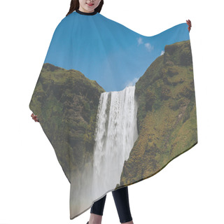 Personality  Scenic View Of Waterfall Skogafoss Against Bright Blue Sky In Iceland Hair Cutting Cape