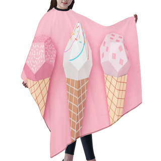 Personality  Top View Of Handmade Colorful Origami Ice Cream Cones Isolated On Pink Hair Cutting Cape