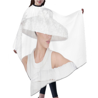 Personality  Mysterious Woman In Elegant White Hat And Glowes Hair Cutting Cape