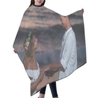 Personality  Groom Asking His Beloved To Marry Him And Kissing Her Hand On The Beach Hair Cutting Cape