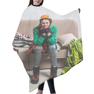 Personality  Beautiful Climber In Helmet With Backpack And Climbing Equipment Sitting On Sofa Hair Cutting Cape