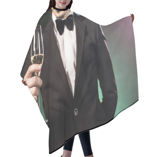 Personality  Cropped Shot Of Young Man In Tuxedo Holding Champagne Glass  Hair Cutting Cape