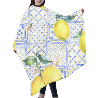 Personality  Watercolor Lemon Seamless Pattern, Fruit Hand Drawn Yellow And Blue Ornament Print Texture. Vintage Summer Wallpaper. Hair Cutting Cape