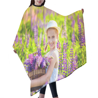 Personality  A Pretty Little Girl With Blond Pigtails In A Summer Flowery Field With A Straw Hat And Lupin Flowers Hair Cutting Cape