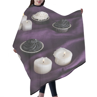 Personality  Tasty Halloween Cupcakes Near Burning Candles On Purple Cloth Hair Cutting Cape