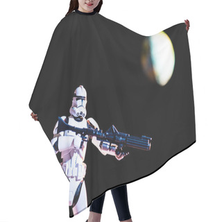 Personality  White Imperial Stormtrooper Figure With Gun On Black Background With Blurred Planet Earth Hair Cutting Cape