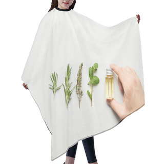 Personality  Partial View Of Man Holding Bottle Of Essential Oil On White Background Hair Cutting Cape