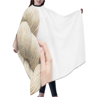 Personality  Cropped View Of Woman Holding Beige Yarn On White Background With Copy Space Hair Cutting Cape