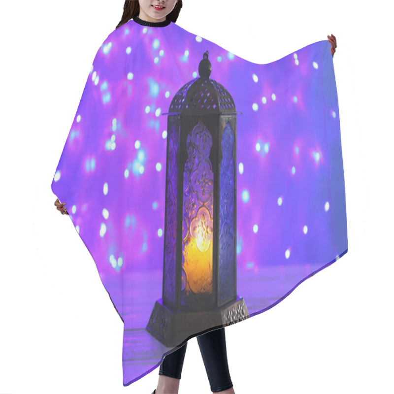 Personality  Muslim Lamp With Candle On Table Against Blurred Fairy Lights. Fanous As Ramadan Symbol Hair Cutting Cape