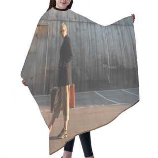 Personality  Elegant Girl Holding Retro Suitcase On Urban Parking Hair Cutting Cape
