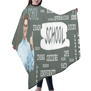Personality  Panoramic Crop Of Teacher With Pointing Stick Showing Thumb Up Near Chalkboard With Lettering In Classroom  Hair Cutting Cape