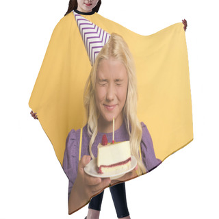 Personality  Smiling Kid Holding Plate With Birthday Cake And Making Wish On Yellow Background  Hair Cutting Cape