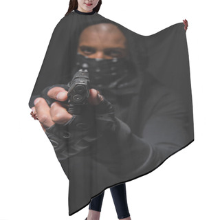 Personality  Blurred African American Bandit With Mask On Face Holding Gun Isolated On Black  Hair Cutting Cape