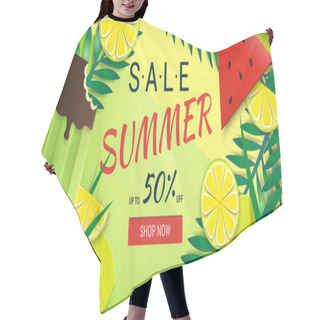Personality  Summer Sale Banner With Sweet Travel Vacation Elements. Paper Art. Tropical Plants, Watermelon, Ice Cream, Lemon, Cherry. Vector Illustration. Hair Cutting Cape