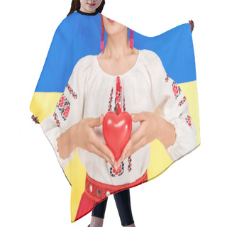 Personality  Partial View Of Young Woman In National Ukrainian Costume Holding Red Heart With Flag Of Ukraine On Background Hair Cutting Cape