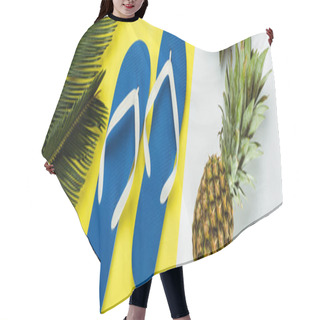 Personality  Top View Of Green Palm Leaves, Pineapples, Blue Flip Flops On White And Yellow Background, Panoramic Shot Hair Cutting Cape