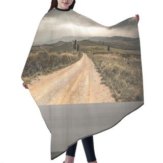 Personality  Autumn Landscape Of Tuscany And Wooden Board With Copy Space For Text, Empty Space For Your Products And Decoration. Fall Time And Mood Colors. Hair Cutting Cape