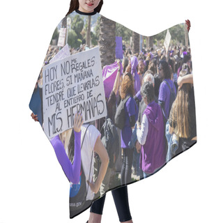 Personality  Palma De Mallorca, Spain - March 08, 2020: International Women's Day. A Girl Holding A Spanish Feminist Banner In The Protest Against The Gender Violence, In The Middle Of The Crowd. Hair Cutting Cape