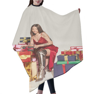 Personality  Attractive Young Lady With Tattoos Sitting On One Knee Opening Present, Holiday Gifts Concept Hair Cutting Cape