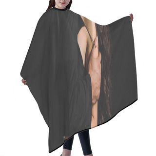 Personality  Panoramic Shot Of Man Undressing Woman Isolated On Black  Hair Cutting Cape