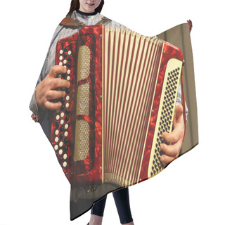 Personality  Man Playing Accordion.Playing The Accordion, You Can See A Lot Of Buttons And Hands Of A Senior. Hair Cutting Cape