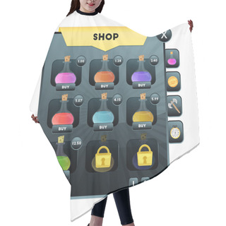 Personality  Game UI. Store Screen With The Choice Of Subjects For The Health, Drug, Elixir And Infusions For The Design Of Mobile And Browser-based Online Applications And Games. Vector Illustration Hair Cutting Cape
