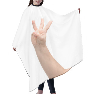 Personality  Cropped View Of Woman Showing Three Fingers Gesture Isolated On White Hair Cutting Cape