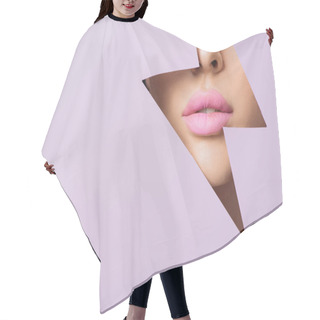Personality  Cropped View Of Female Face With Pink Lips In Hole In Violet Paper Hair Cutting Cape