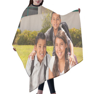 Personality  Young Hispanic Student Children Wearing Backpacks On School Campus. Hair Cutting Cape