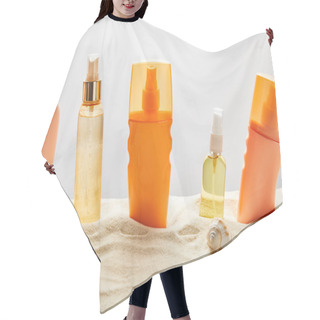 Personality  Various Sunscreen Products In Bottles On Sand With Seashells On Grey Background Hair Cutting Cape